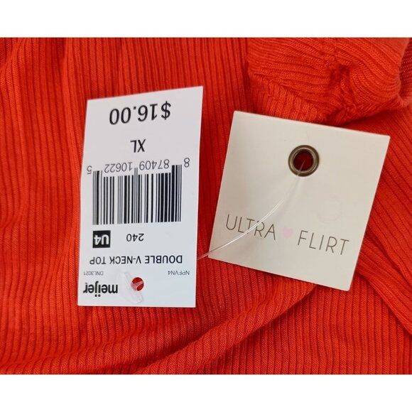 Ultra Flirt Double V-Neck Top Ribbed Orange Shirt Women's Sz.XL - Picture 6 of 6